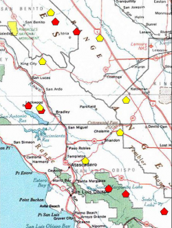 A red polygon indicates an extant occurrence; yellow indicates the occurrence has been extirpated. 